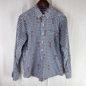 Tommy‎ Bahama Shirt Mens Small Blue White Gingham Palm Tree Button Down Cotton